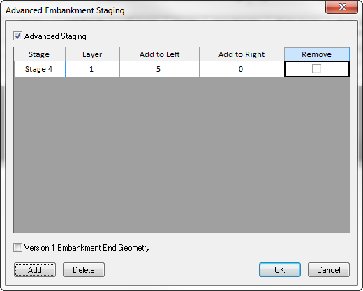 Advanced Embankment Staging dialog