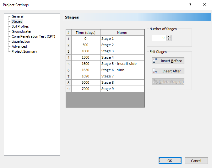 Project Settings stages dialog