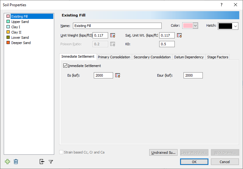 Soil Properties existing fill dialog