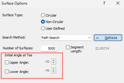 Initial Angle at Toe Checkboxes