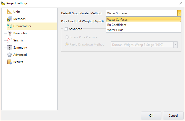 Project Settings Dialog - Groundwater Tab