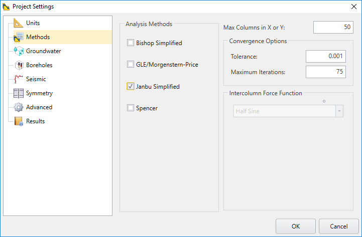 Project Settings Dialog - Methods Tab