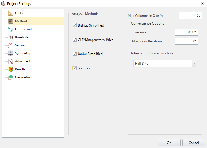 Project Settings Dialog - Methods Tab