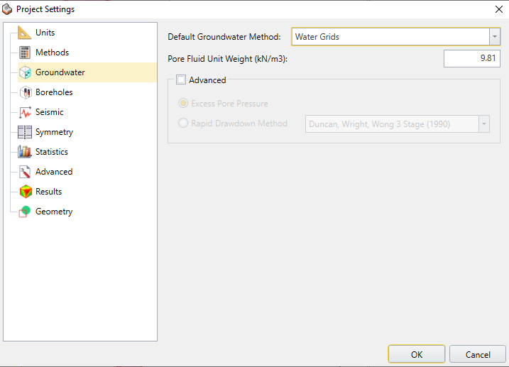 Project Settings Dialog - Groundwater Tab
