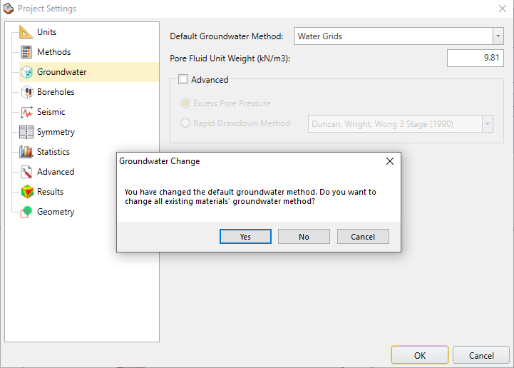 Project Settings Dialog - Groundwater Change Message