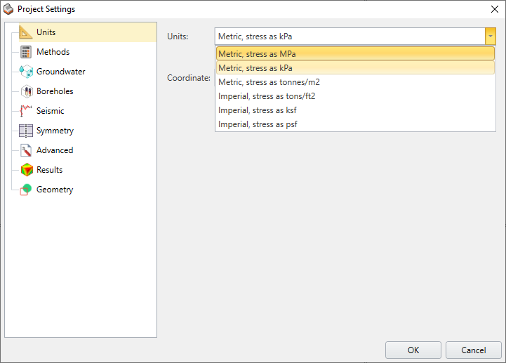 Project Settings Dialog - Units Tab