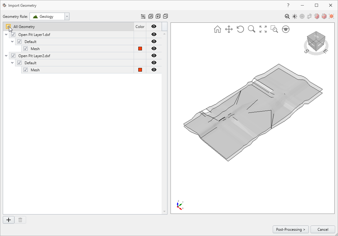 Import Geometry dialog - Open Pit Layers 1 and 2