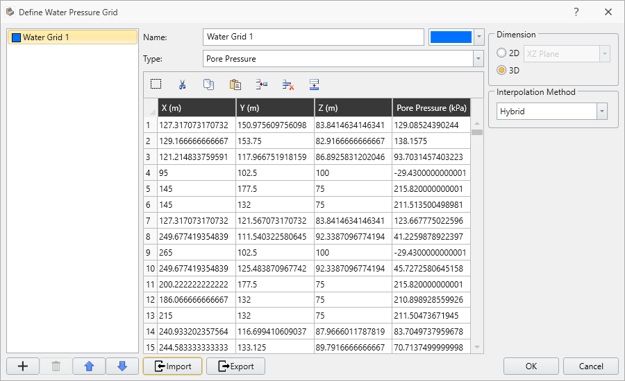 Define Water Pressure Grid Dialog