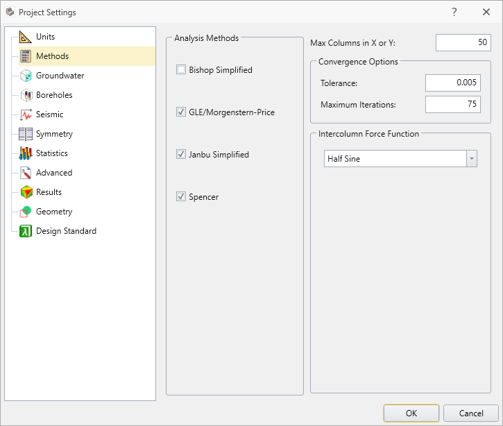 Project Settings Dialog - Methods Tab