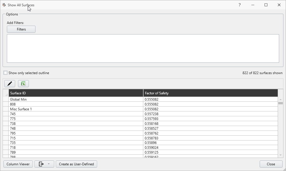 Display All Surfaces Dialog and 3D Model