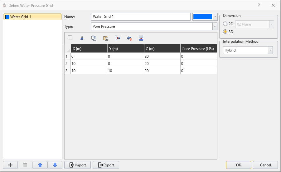 Define Water Pressure Grid Dialog