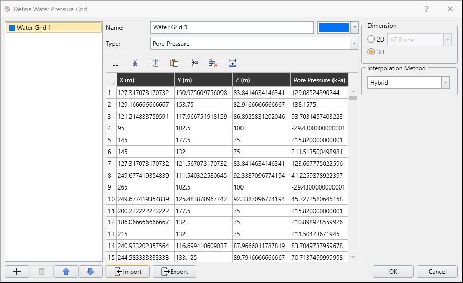 Define Water Pressure Grid Dialog