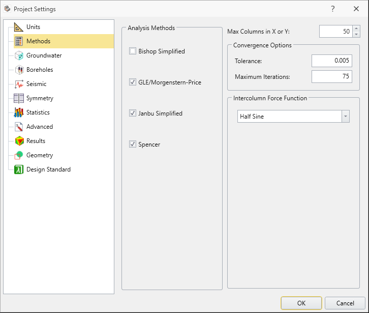 Project Settings Dialog - Methods Tab