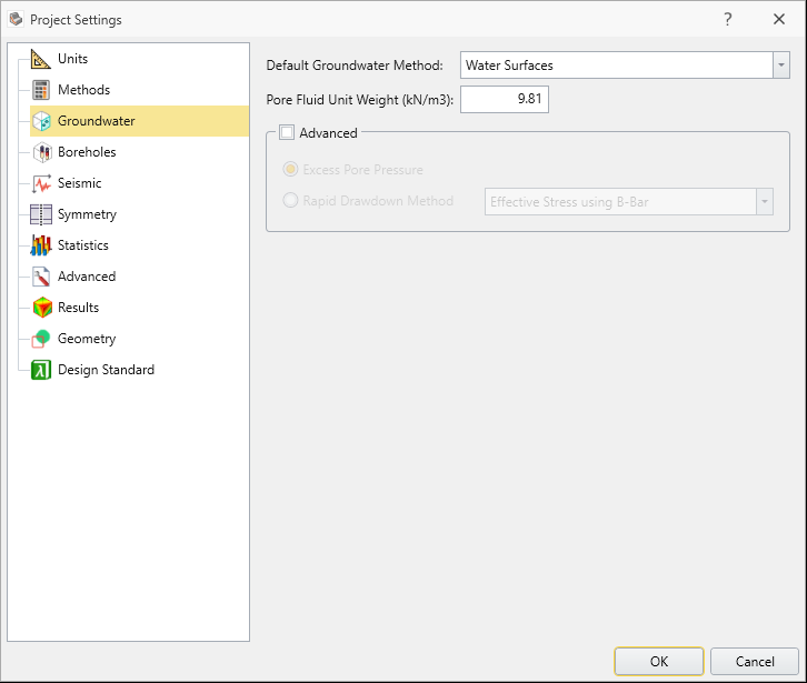 Project Settings Dialog - Groundwater Tab