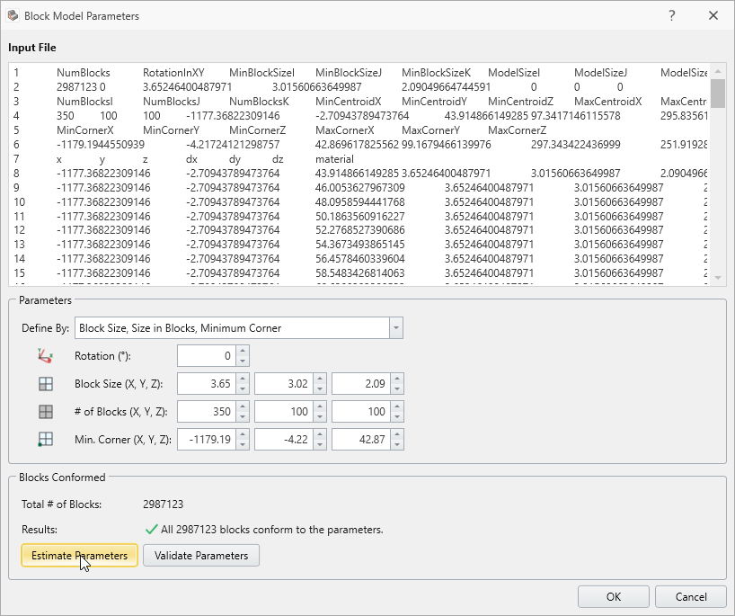 Block Model Parameters Dialog