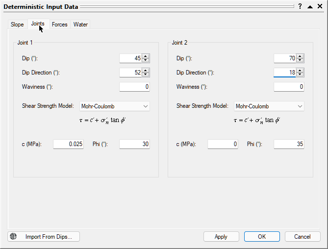 SWedge Input Data Joints tab