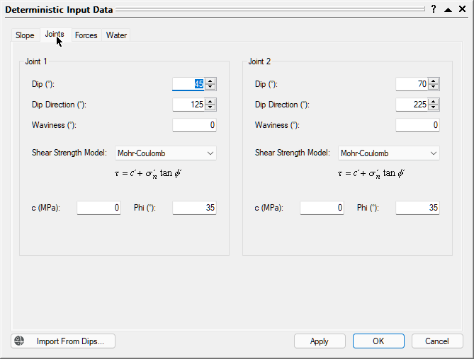 SWedge Input Data Joints tab