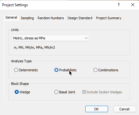 SWedge Project Settings - Probabilistic Analysis