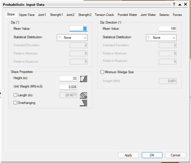 SWedge Probabilistic Input Data dialog