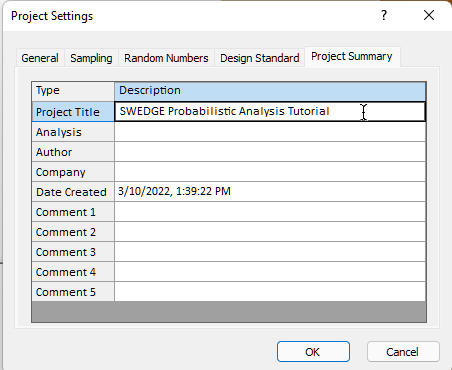 SWedge Project Settings Project Summary tab