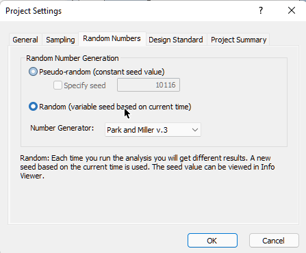 SWedge Project Settings Random Number tab with Random selected