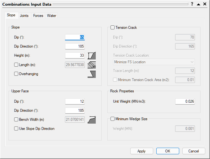 Combinations Input Data dialog