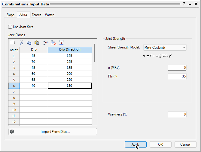 Combinations Input Data joints dialog