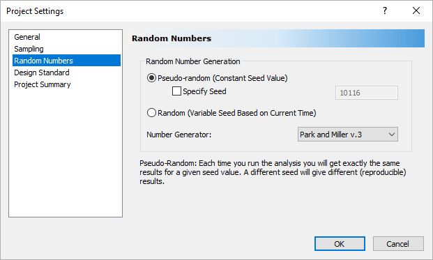 Project Settings Random Numbers Dialog