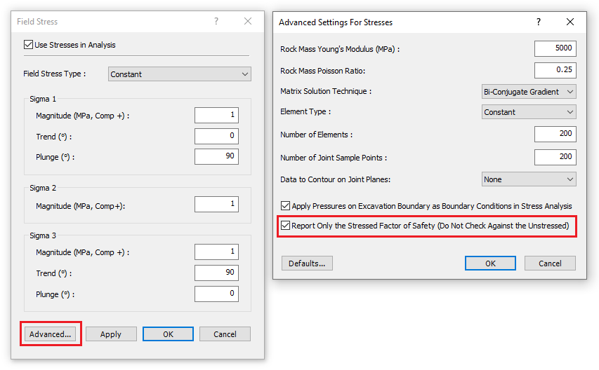 Change Advanced Settings for Stressed to see the effect of stress on Factor of Safety