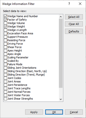 Wedge Information Filter Dialog