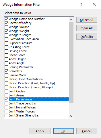 Wedge Information Filter Dialog