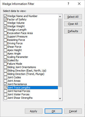 Wedge Information Filter Dialog