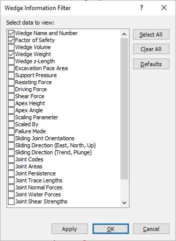 Wedge Information Filter Dialog