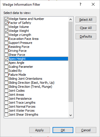 Wedge Information Filter Dialog