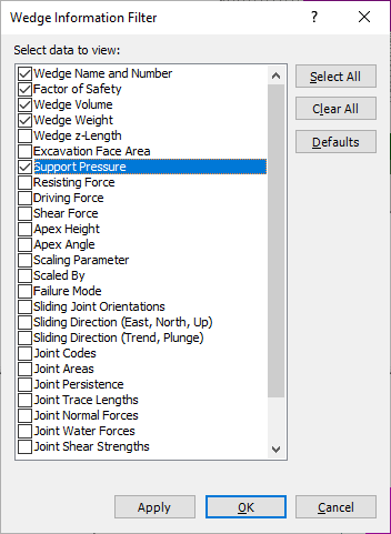 Wedge Information Filter Dialog