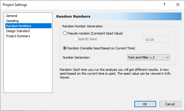 Project Settings Dialog Random Numbers Tab