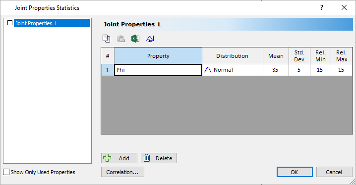 Joint Properties Statistics Dialog