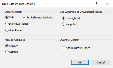 Dips Data Import Options Dialog