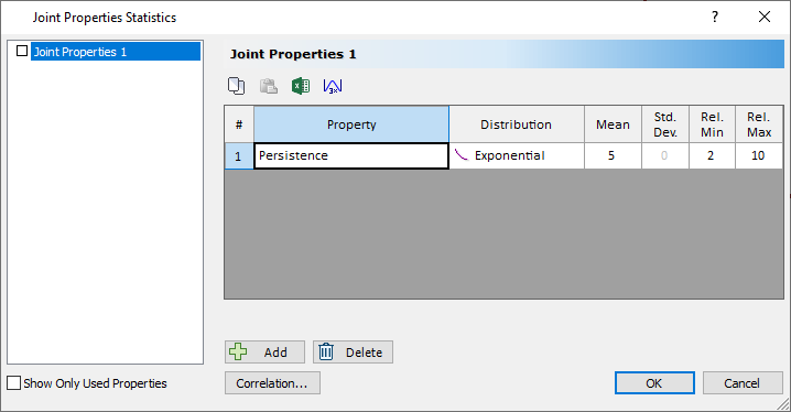 Joint Properties Statistics Dialog