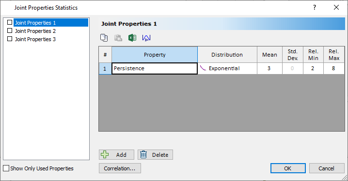 Joint Properties Statistics Dialog