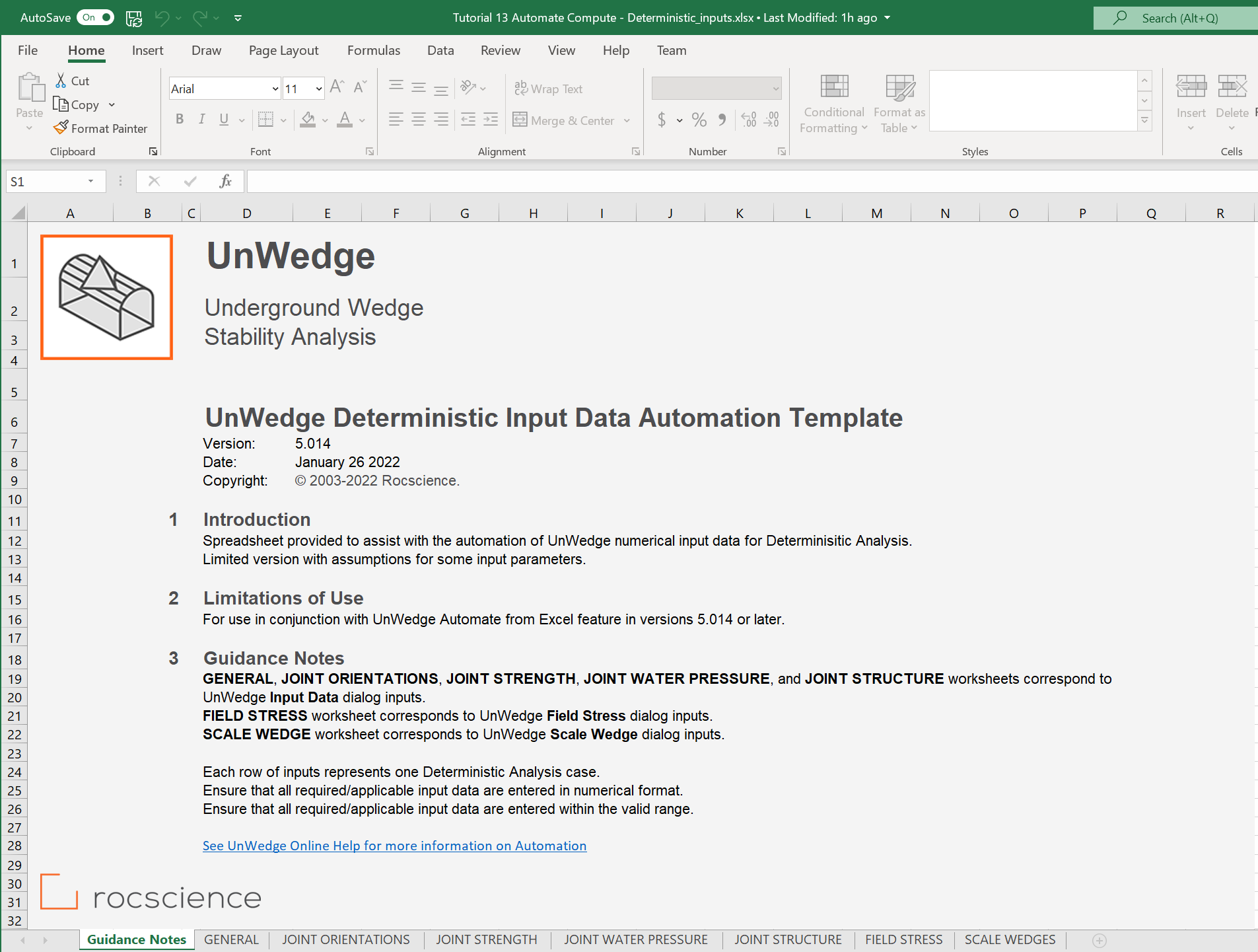 Guidance Notes Excel Worksheet