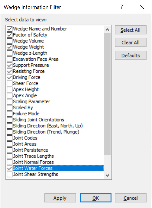 Wedge Information Filter Dialog