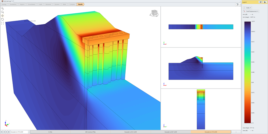 Figure 6: Contours of total displacement at the final stage of excavation