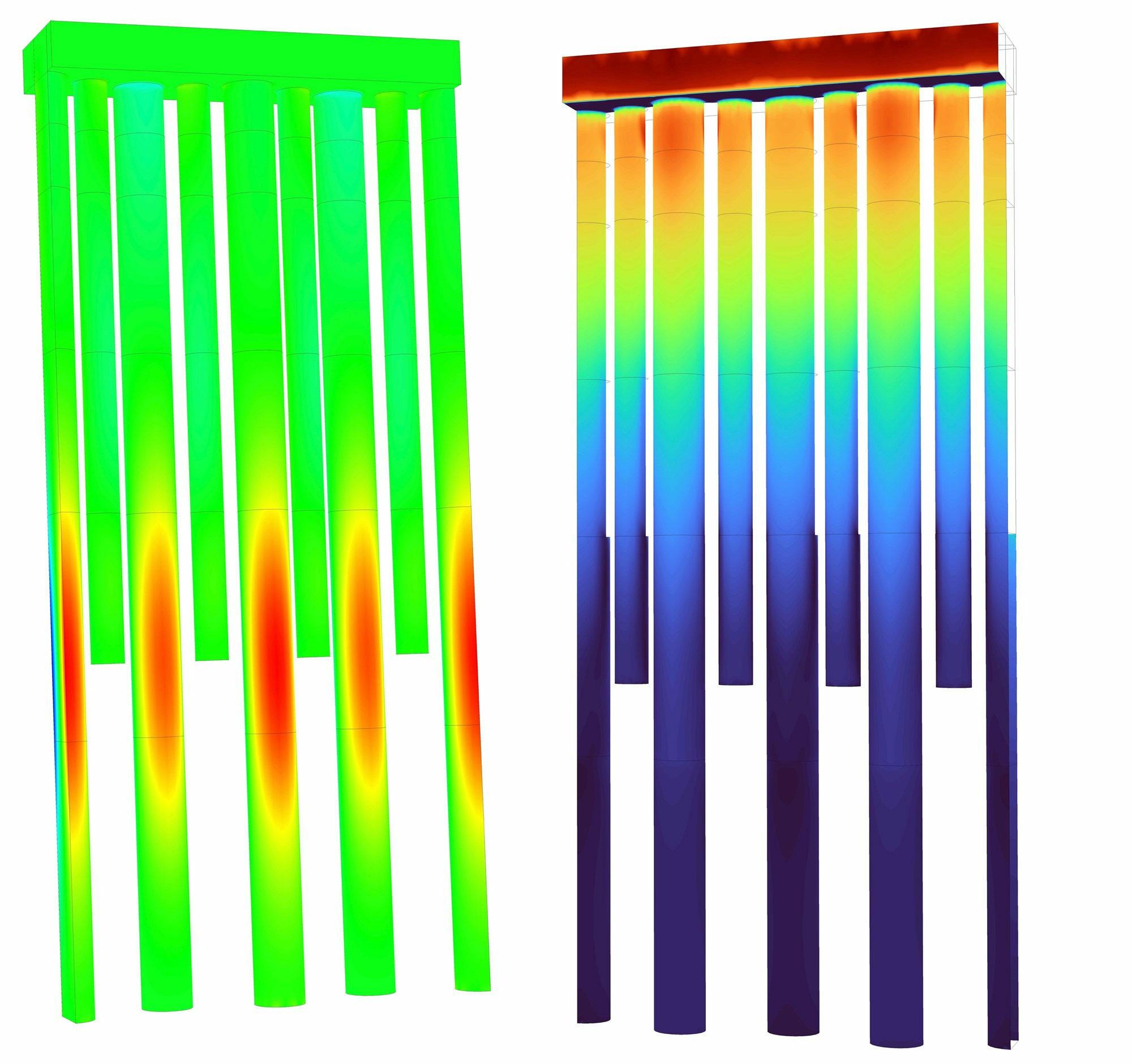Figure 7: Pile stresses and relative shear displacement at the ground-structure interface. Left: Contours of vertical stress on the excavated face of the wall; Right: Contours of relative shear displacement at the ground-structure interface on the retained face of the wall.