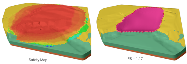 Figure 12. Results of the unreinforced 3D limit equilibrium analysis in Slide3