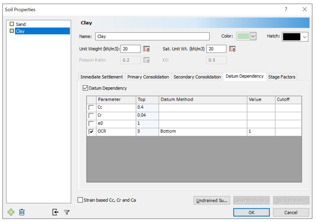 Figure 2: Soil properties variation with depth using the “Datum Dependency” tab.