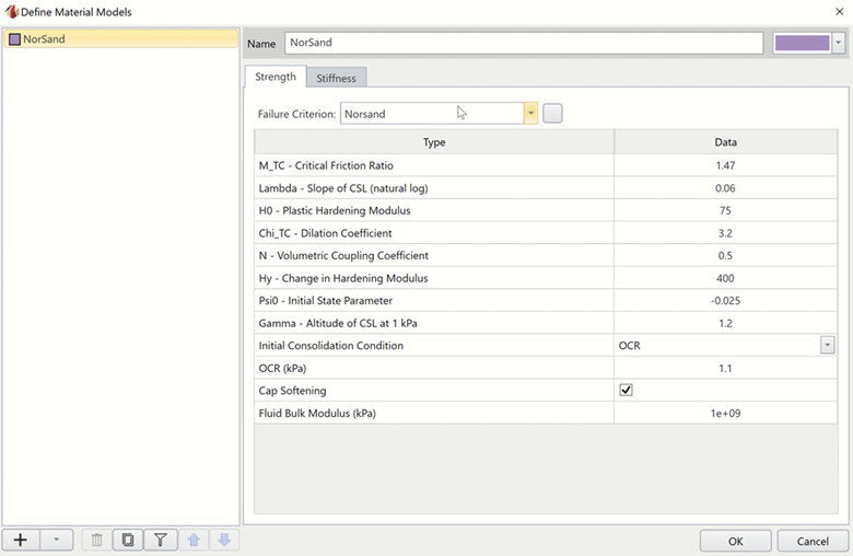 RSData screen shot dialog box for entering material properties