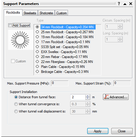 RocSupport Figure 4: Support parameters dialog.