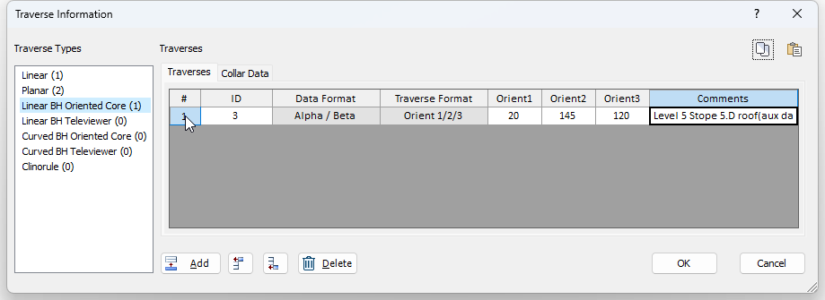 Traverse Information Dialog