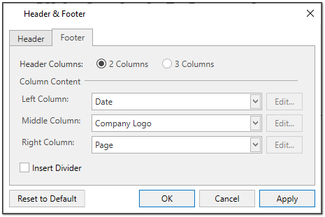 Header and footer dialog